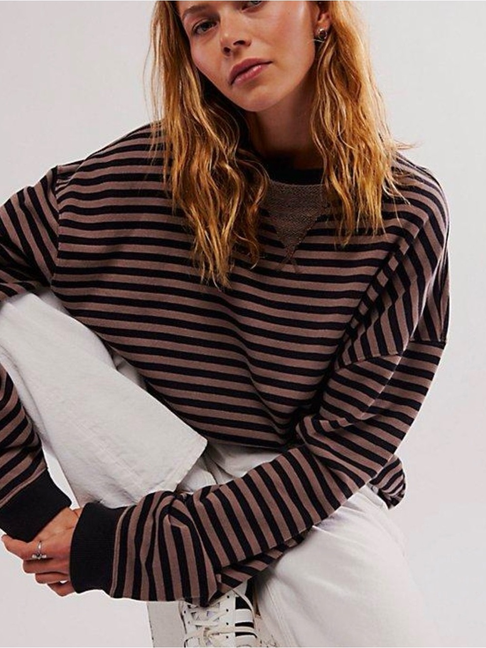 Free People We the Free Classic Striped Oversized Crewneck Sweatshirt sz L NWT